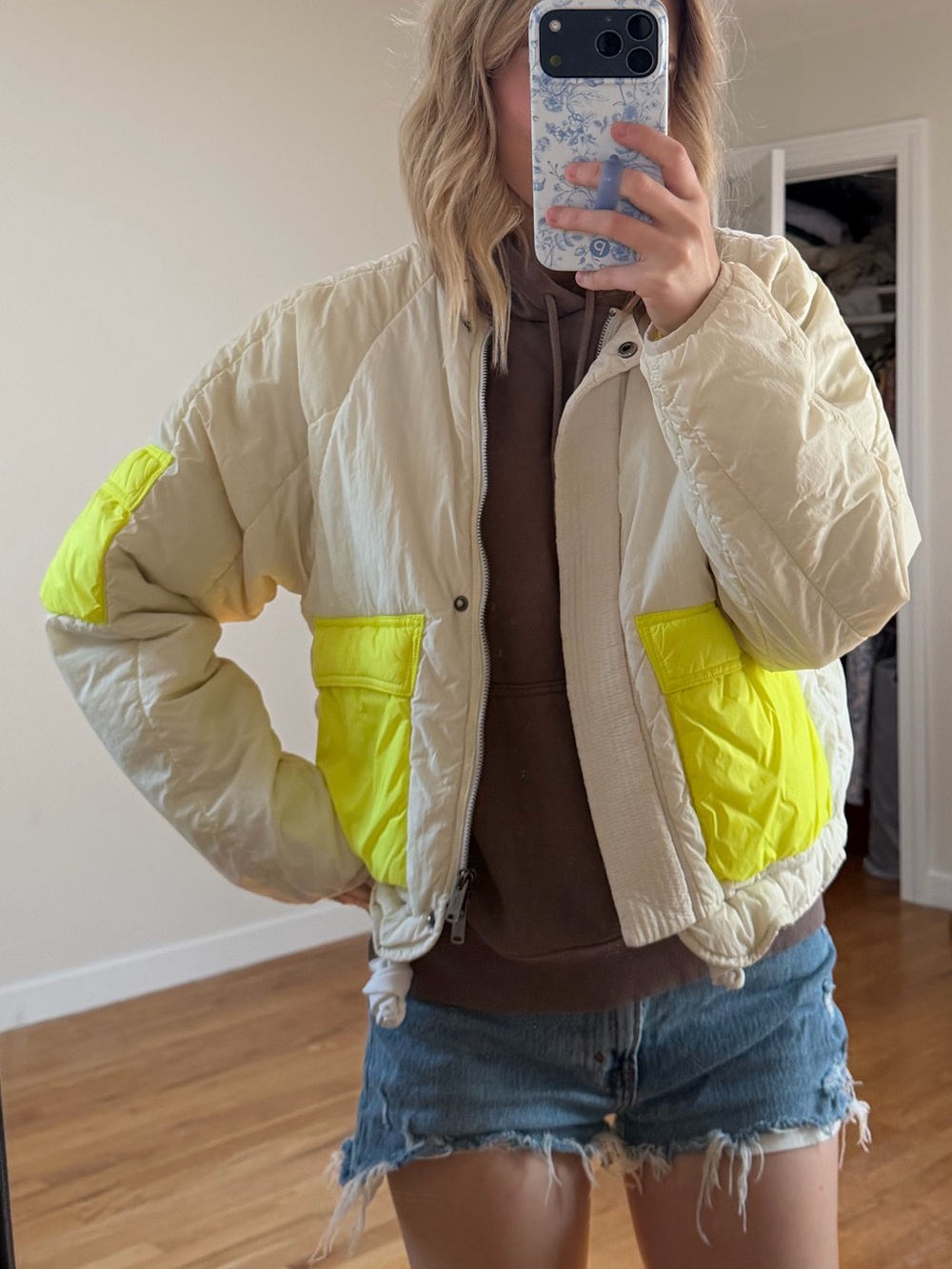 FP Movement by Free People Beige Quilted Bomber with Neon Yellow Pockets
